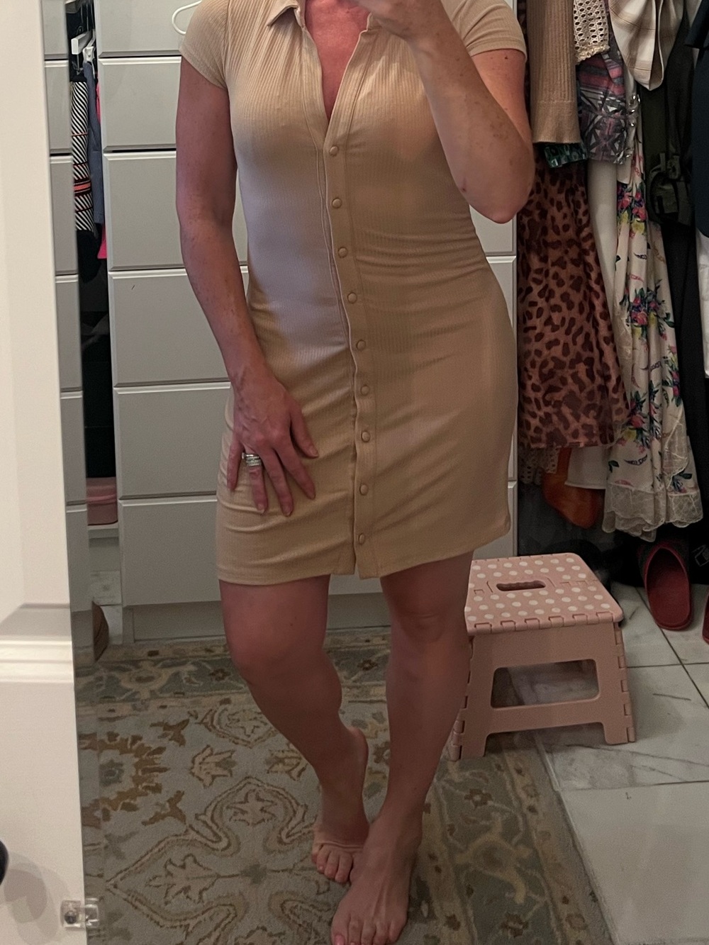 AFRM Beige Ribbed Button-Front Polo Dress